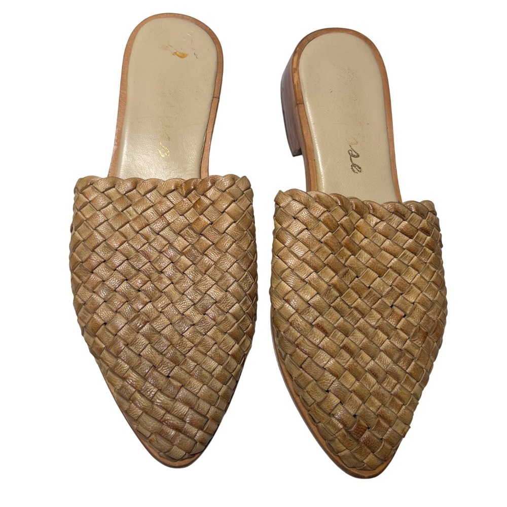 Woven Leather Pointed Toe Mule Slides Tan Women's Size 7